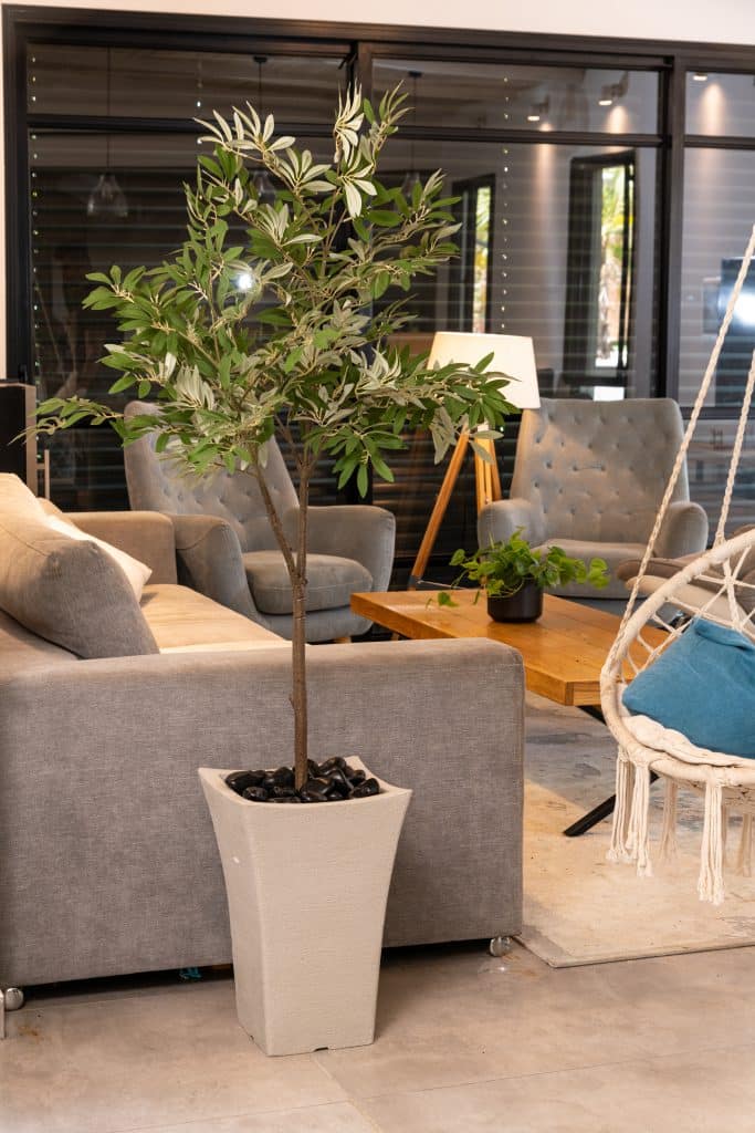 5 דרכים להוסיף טאצ' ירוק לסלון עם צמחייה מלאכותית גרדן מרקט זית בכד דגם 201 scaled